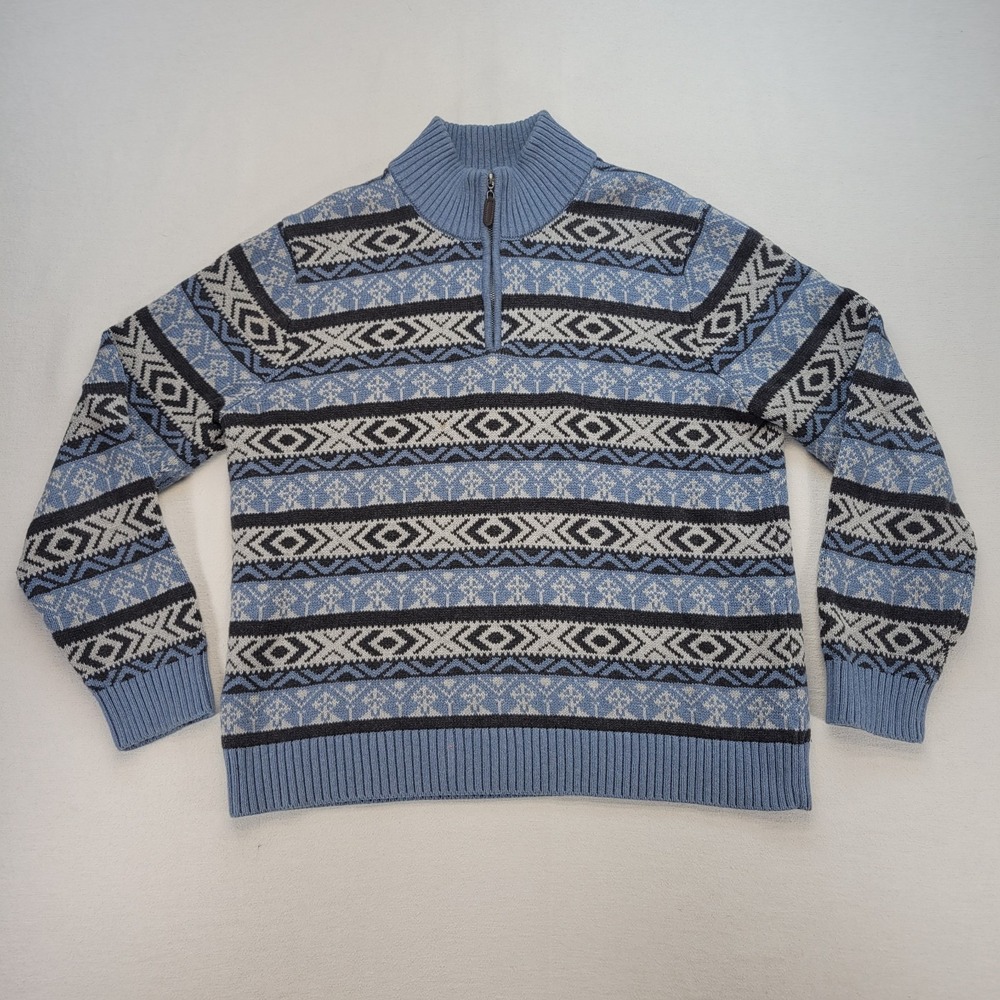 LL Bean‎ Sweater Mens Large Blue Fair Isle Nordic 1/4 Zip Heavyweight Holiday